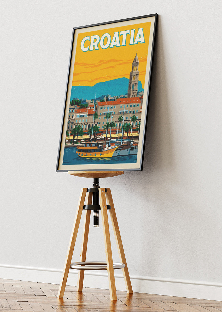 Croatia Travel Poster & Canvas Print – Split Harbour Retro Illustration Wall Art