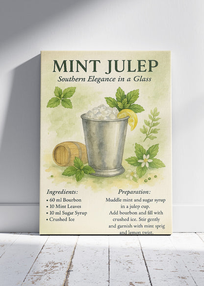 Mint Julep Watercolor Cocktail Recipe Poster & Canvas Print | Elegant Southern Bar Wall Art
