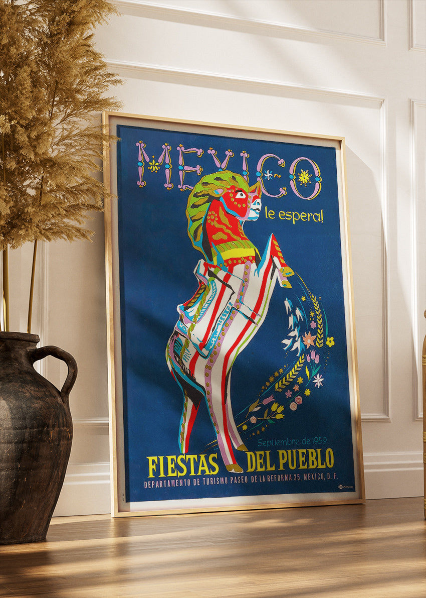 Mexico Vintage Poster & Canvas Print – Retro Fiestas del Pueblo Festival Art
