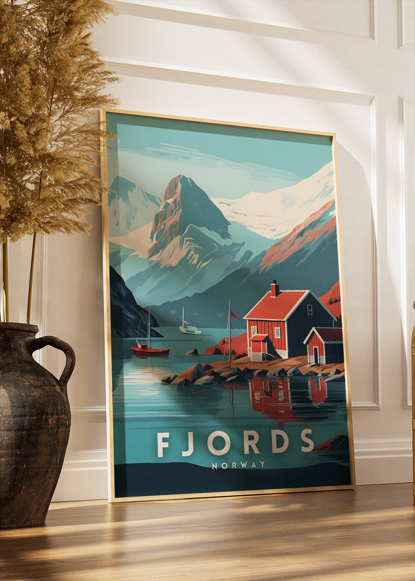 Fjords Norway Poster & Canvas Print – Illustrated Nordic Cabin Mountain Art