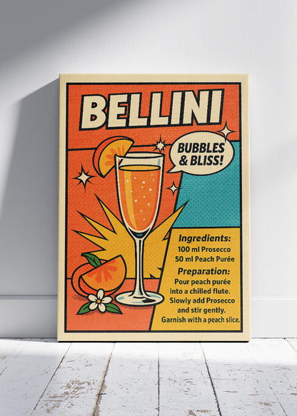 Bellini Pop Art Cocktail Poster & Canvas Print | Retro Bubbles Bar Wall Art