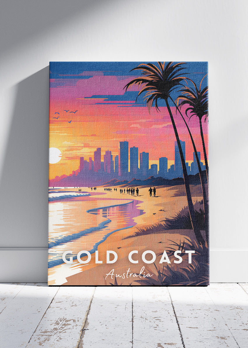 Gold Coast Australia Travel Poster & Canvas Wall Art – Sunset Beach Skyline Print – AIPRINTLAB
