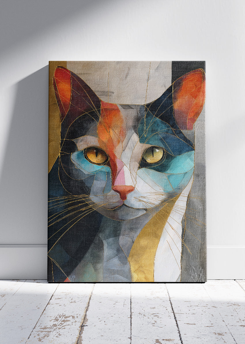 Abstract Cat Canvas Print & Poster – Luxury Geometric Wall Art with Gold Accents – AI PRINT LAB