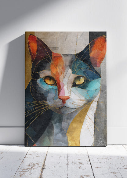 Abstract Cat Canvas Print & Poster – Luxury Geometric Wall Art with Gold Accents – AI PRINT LAB