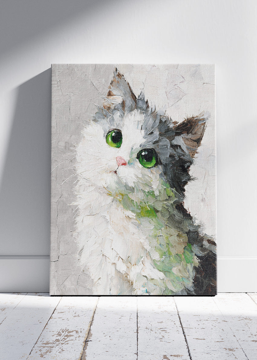 Green-Eyed Cat Painting Poster & Canvas Print – Textured Brushstroke Feline Art