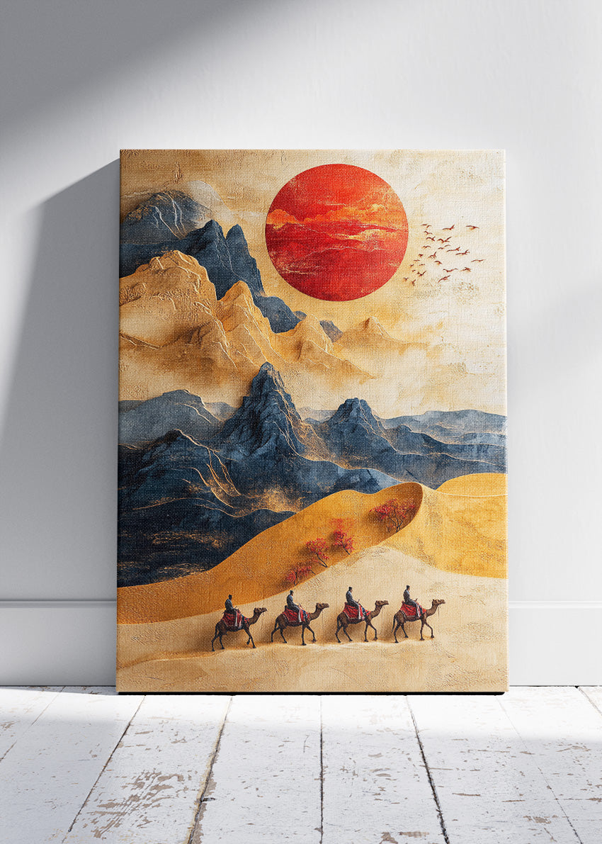 Golden Desert Caravan – Oriental Mountain Sunset Canvas & Poster Print – AI PRINT LAB