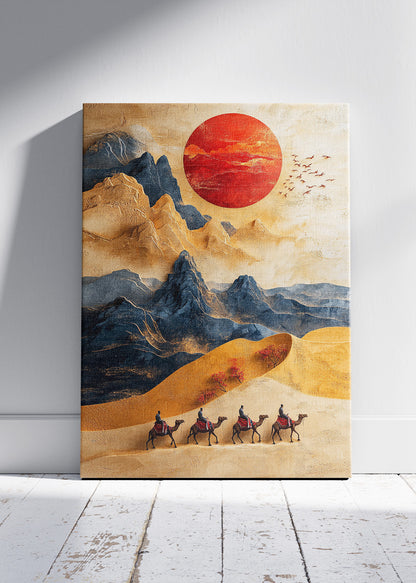 Golden Desert Caravan – Oriental Mountain Sunset Canvas & Poster Print – AI PRINT LAB