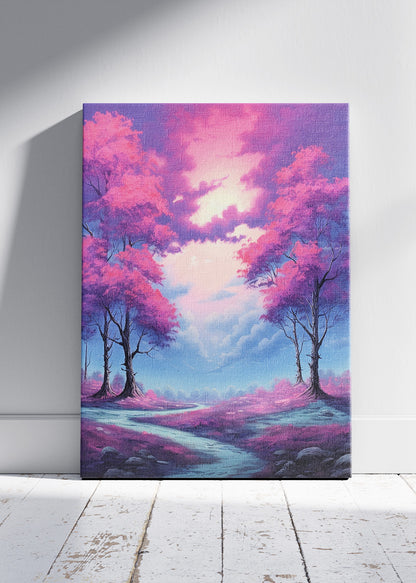 Pink Blossom Dreamscape – Fantasy Forest Path Canvas & Poster Print – AI PRINT LAB