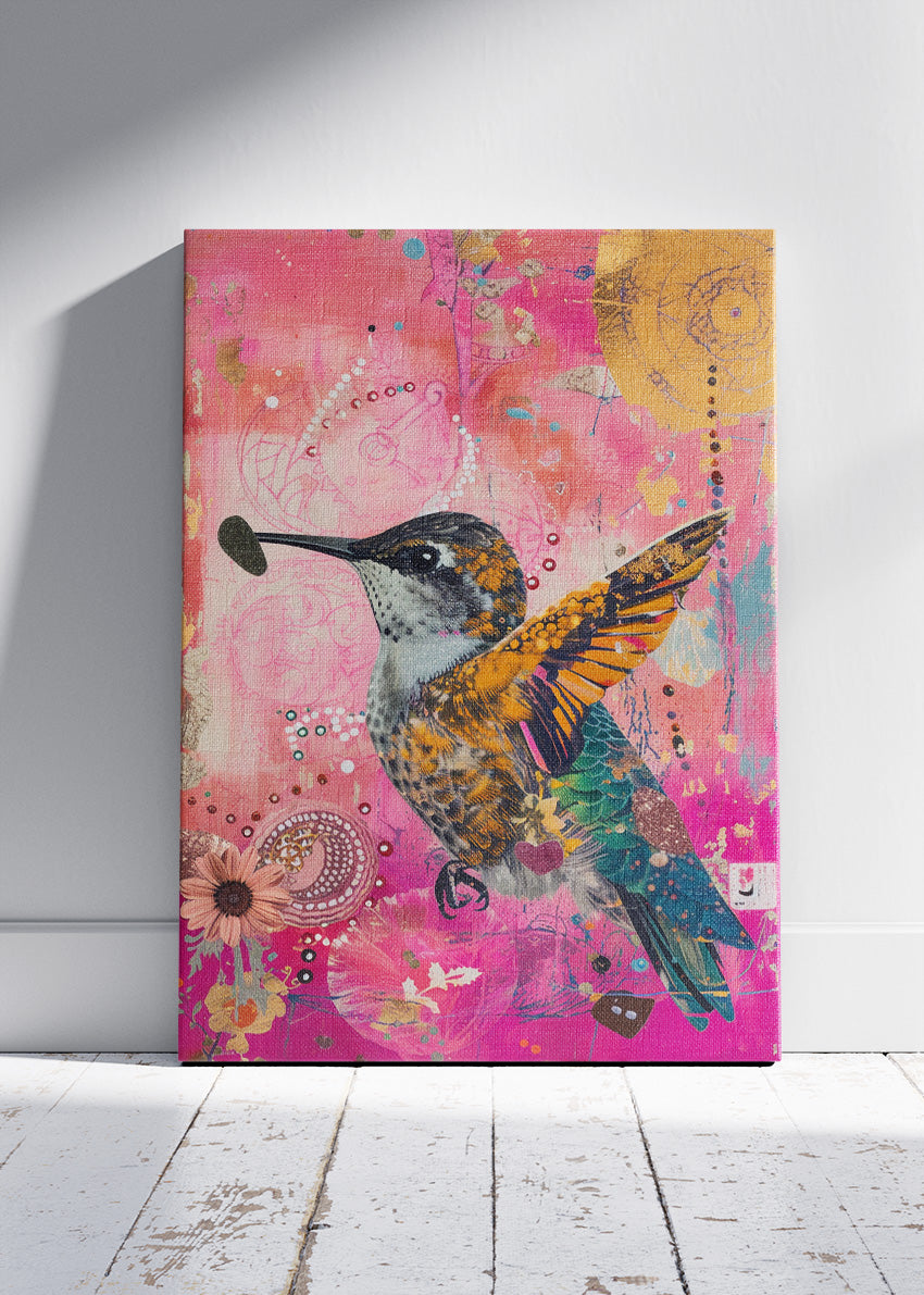 Colorful Hummingbird Poster & Canvas Print – Pink Collage Floral Art