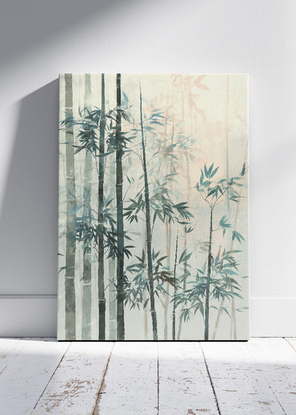 Misty Bamboo Forest Wall Art – Soft Green Zen Canvas Print | Japandi Nature Portrait Poster