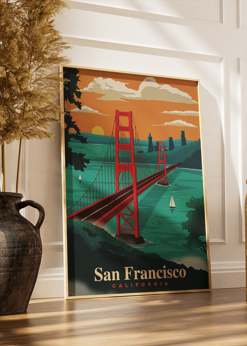 San Francisco California Poster & Canvas Print – Golden Gate Bridge Sunset Illustration Wall Art