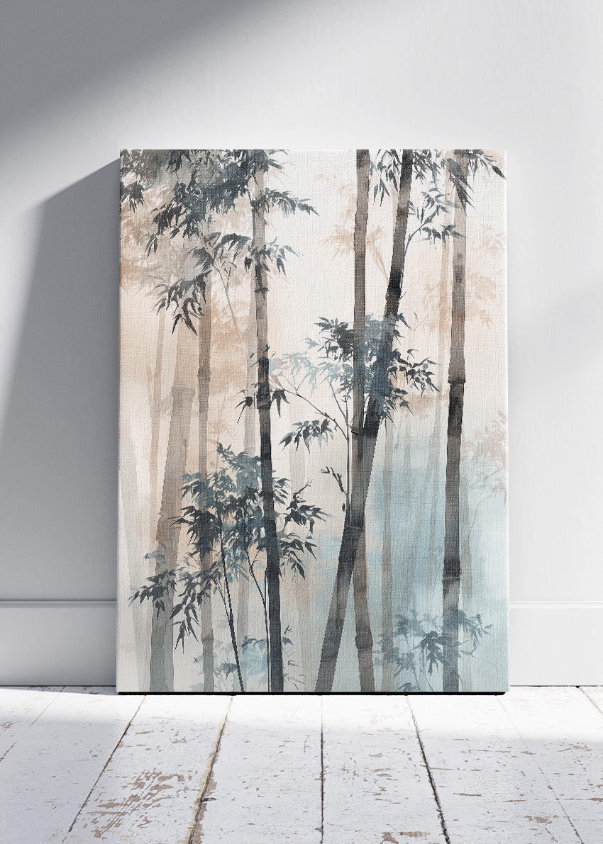Misty Neutral Bamboo Wall Art – Soft Beige & Blue Zen Canvas Print | Minimalist Forest Portrait Poster