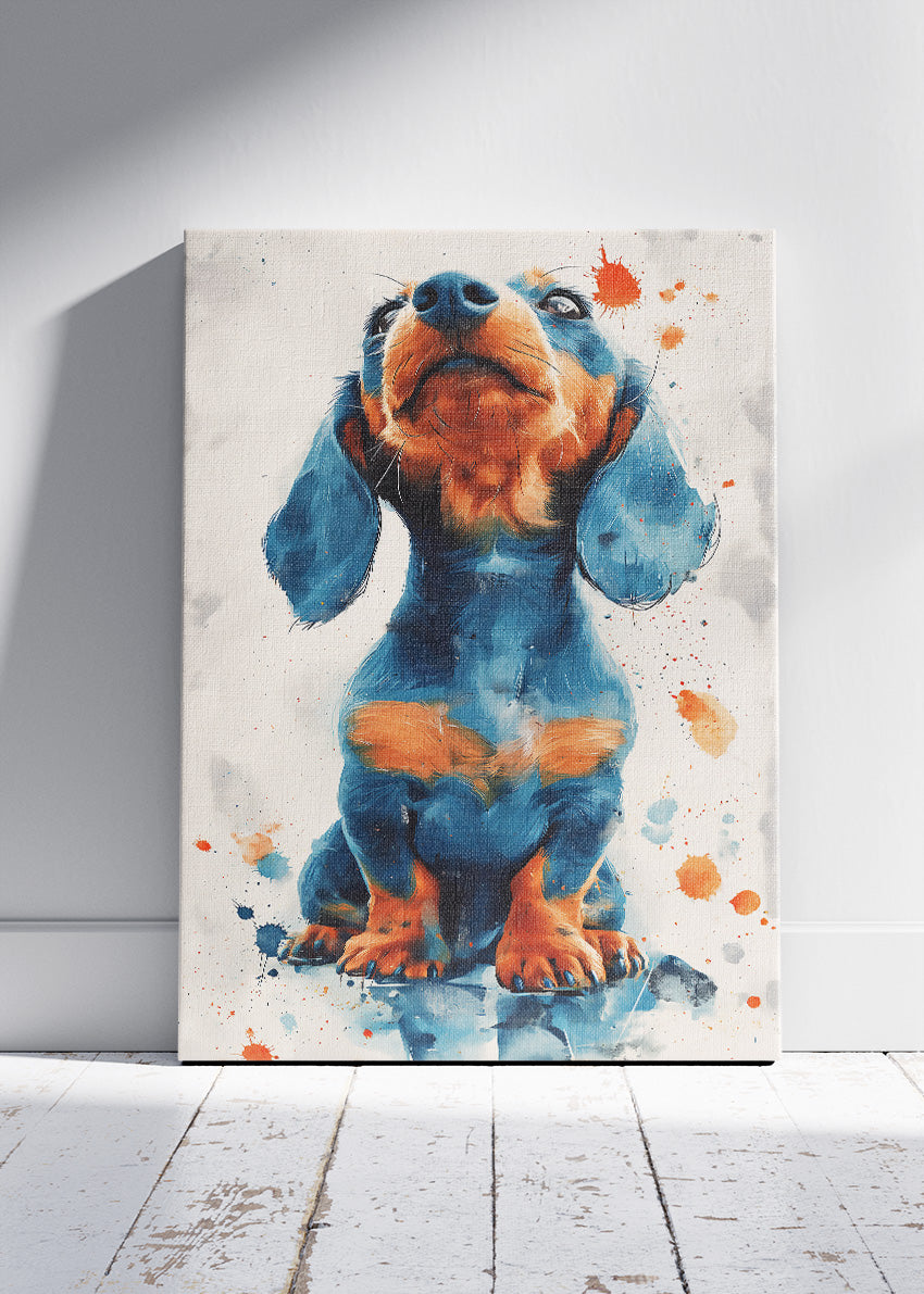 Dachshund Dog Poster & Canvas Print – Blue & Orange Splash Art Puppy Illustration
