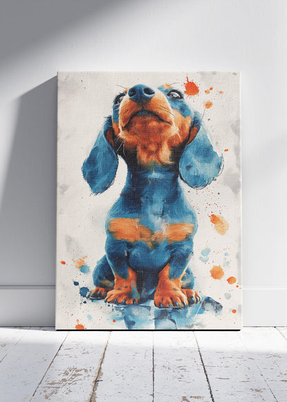 Dachshund Dog Poster & Canvas Print – Blue & Orange Splash Art Puppy Illustration