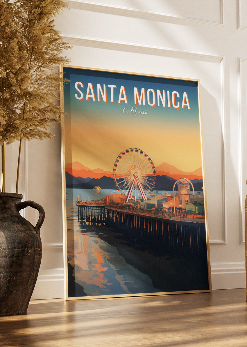 Santa Monica California Poster & Canvas Print – Sunset Pier and Ferris Wheel Illustrated Wall Art