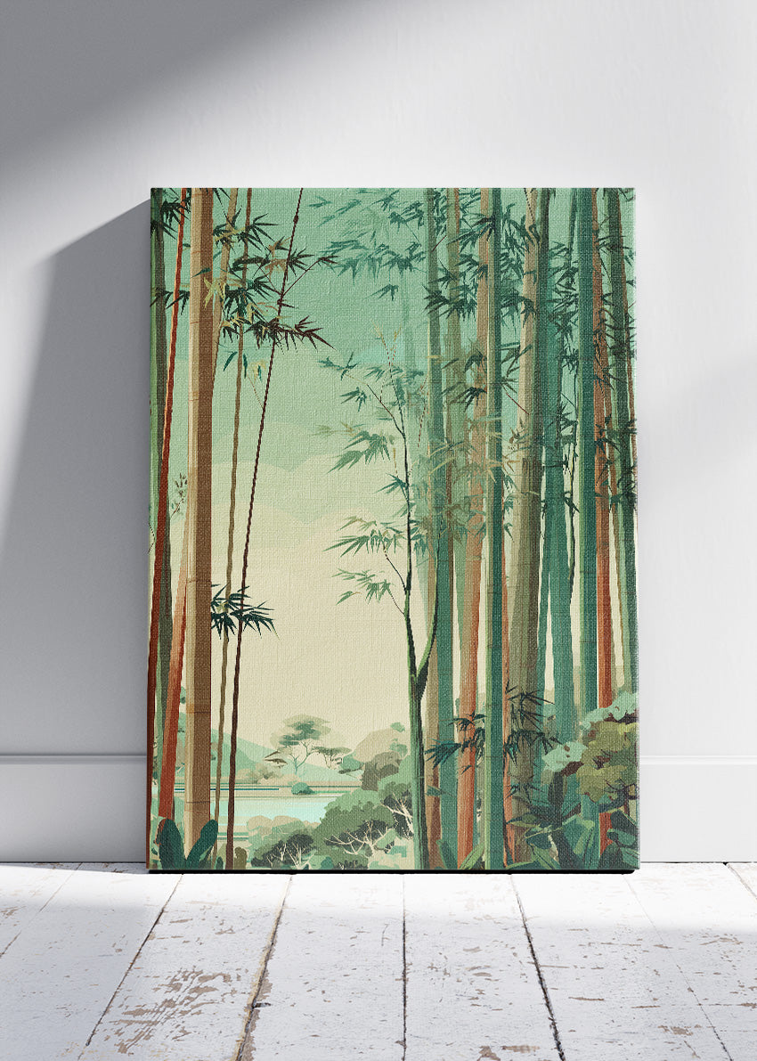 Serene Bamboo Landscape Wall Art – Soft Green Forest Canvas Print | Japandi Nature Portrait Poster