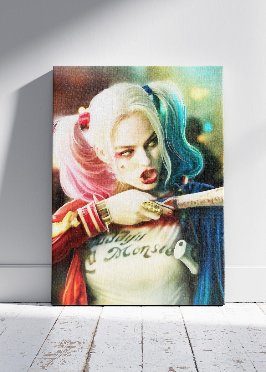 Harley Quinn – Neon Rebel Portrait Canvas & Poster Print – AI PRINT LAB