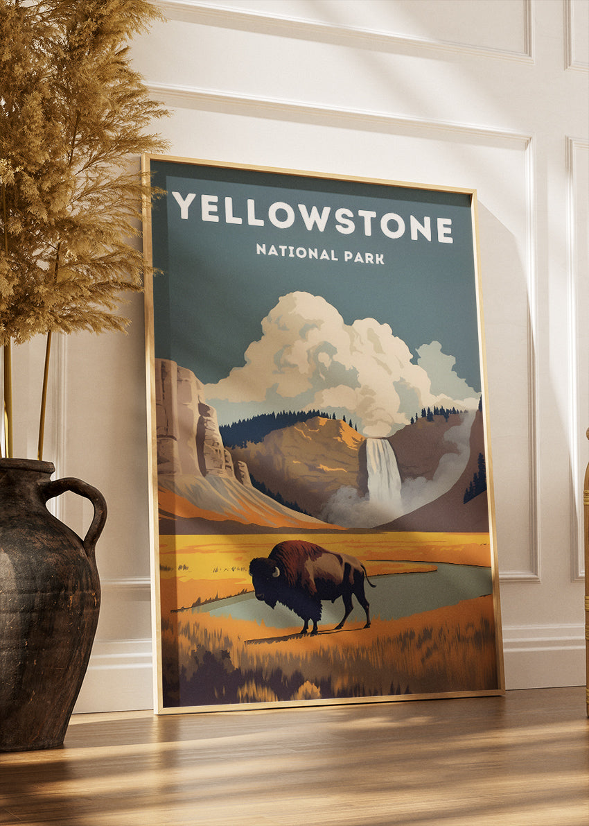 Yellowstone National Park Poster & Canvas Print – Illustrated Bison Landscape Wall Art
