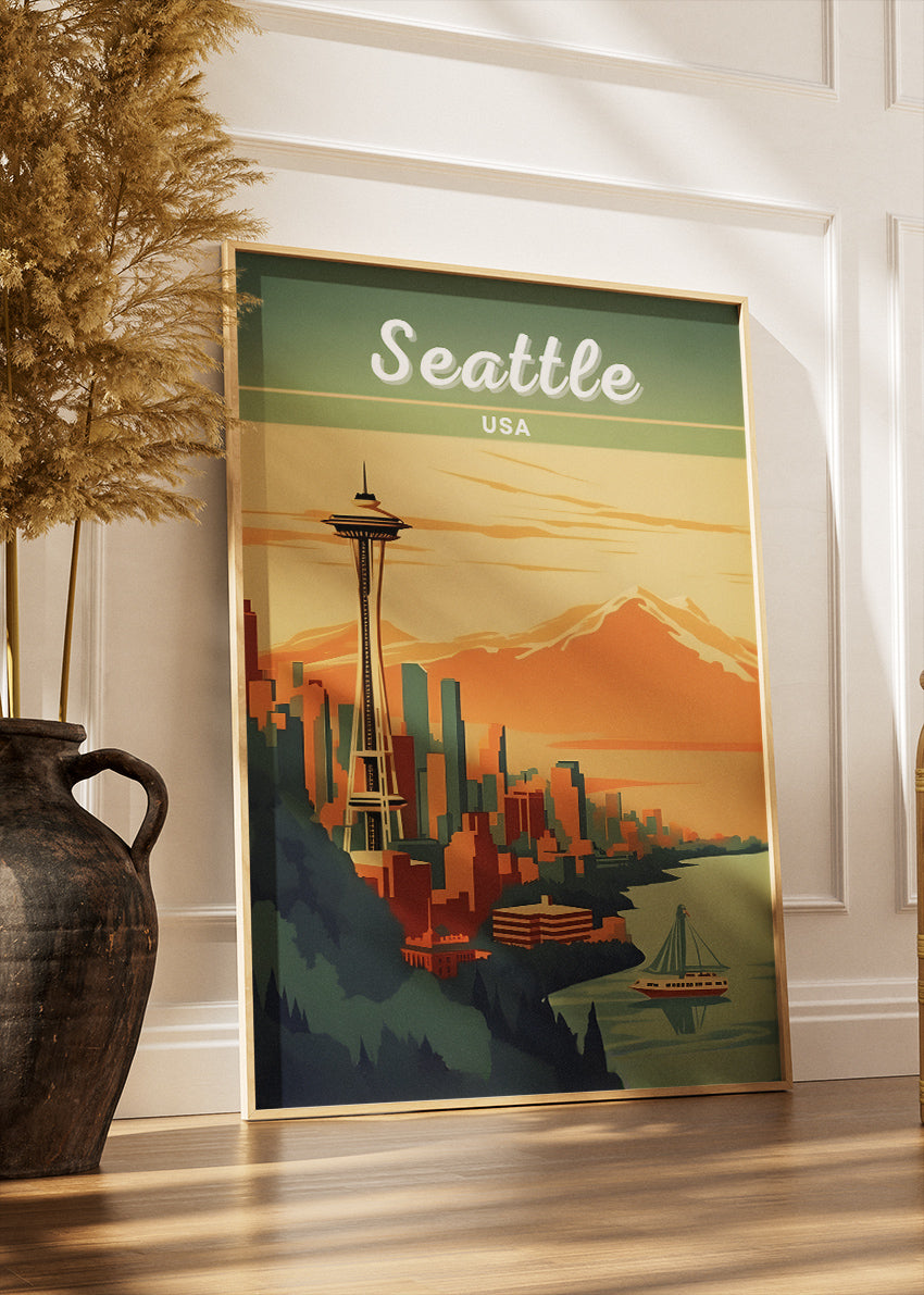 Seattle USA Poster & Canvas Print – Space Needle Skyline Illustrated Wall Art