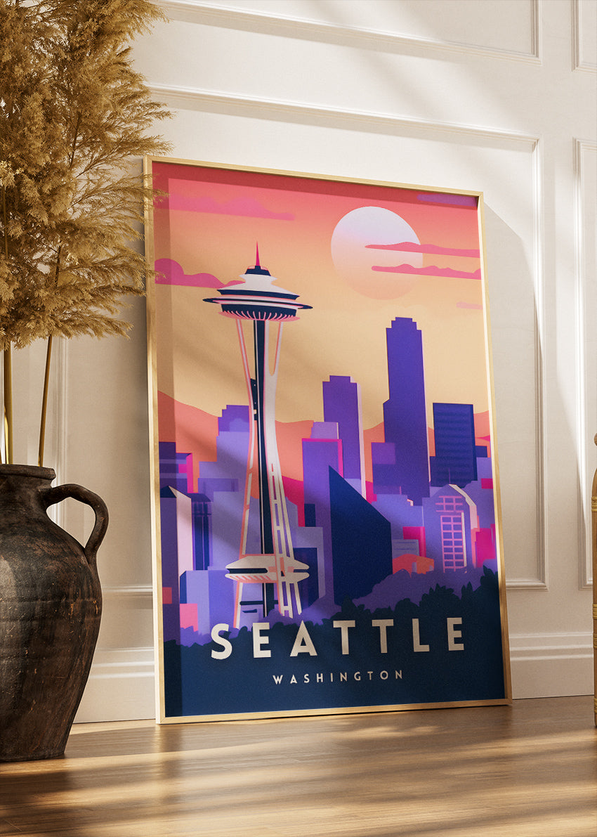 Seattle Washington Poster & Canvas Print – Space Needle Sunset Skyline Wall Art