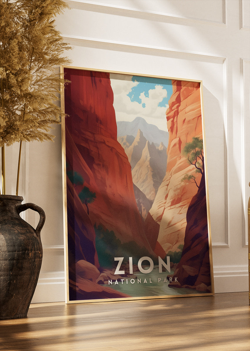 Zion National Park Poster & Canvas Print – Illustrated Utah Canyon Landscape Wall Art