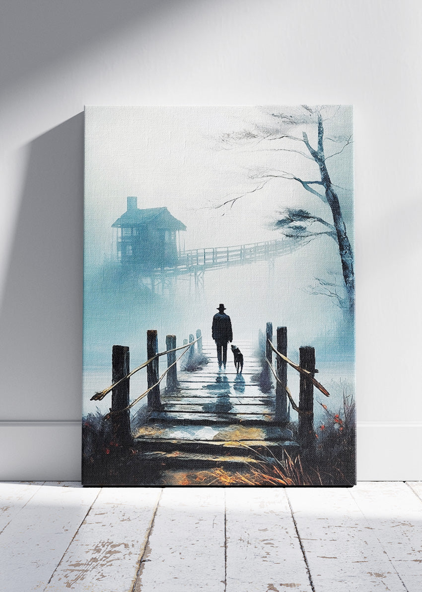 Misty Walk at Dawn – Moody Lake House Canvas & Poster Print – AI PRINT LAB