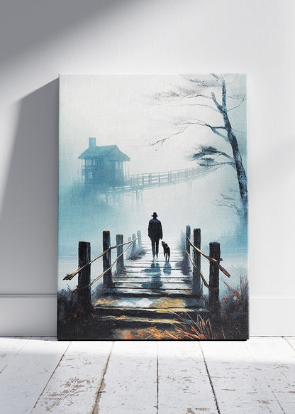 Misty Walk at Dawn – Moody Lake House Canvas & Poster Print – AI PRINT LAB