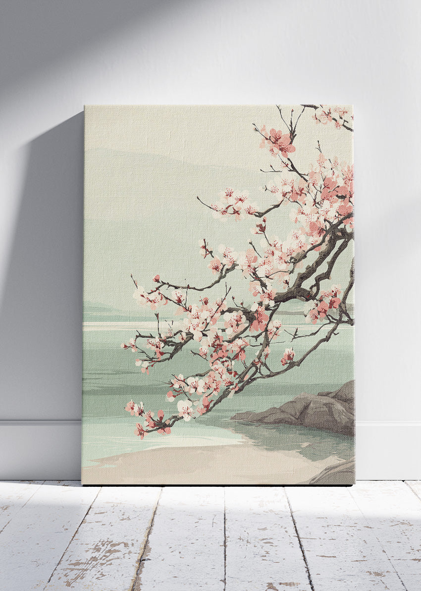Cherry Blossom Coastal Landscape Wall Art – Soft Sage Green Japandi Canvas Print | Serene Nature Poster