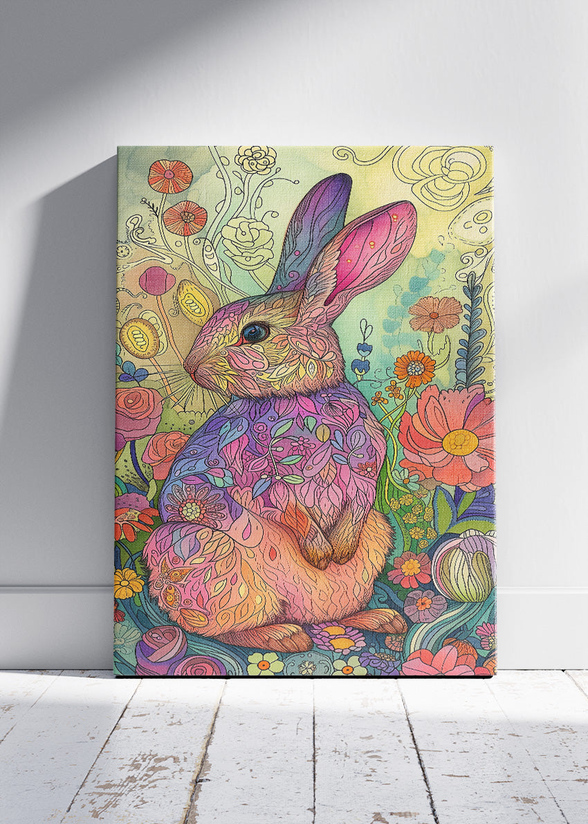 Floral Rabbit Art Poster & Canvas Print – Colourful Boho Animal Illustration