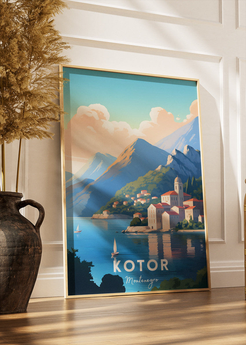 Kotor Montenegro Poster & Canvas Print – Illustrated Bay & Old Town Coastal Art