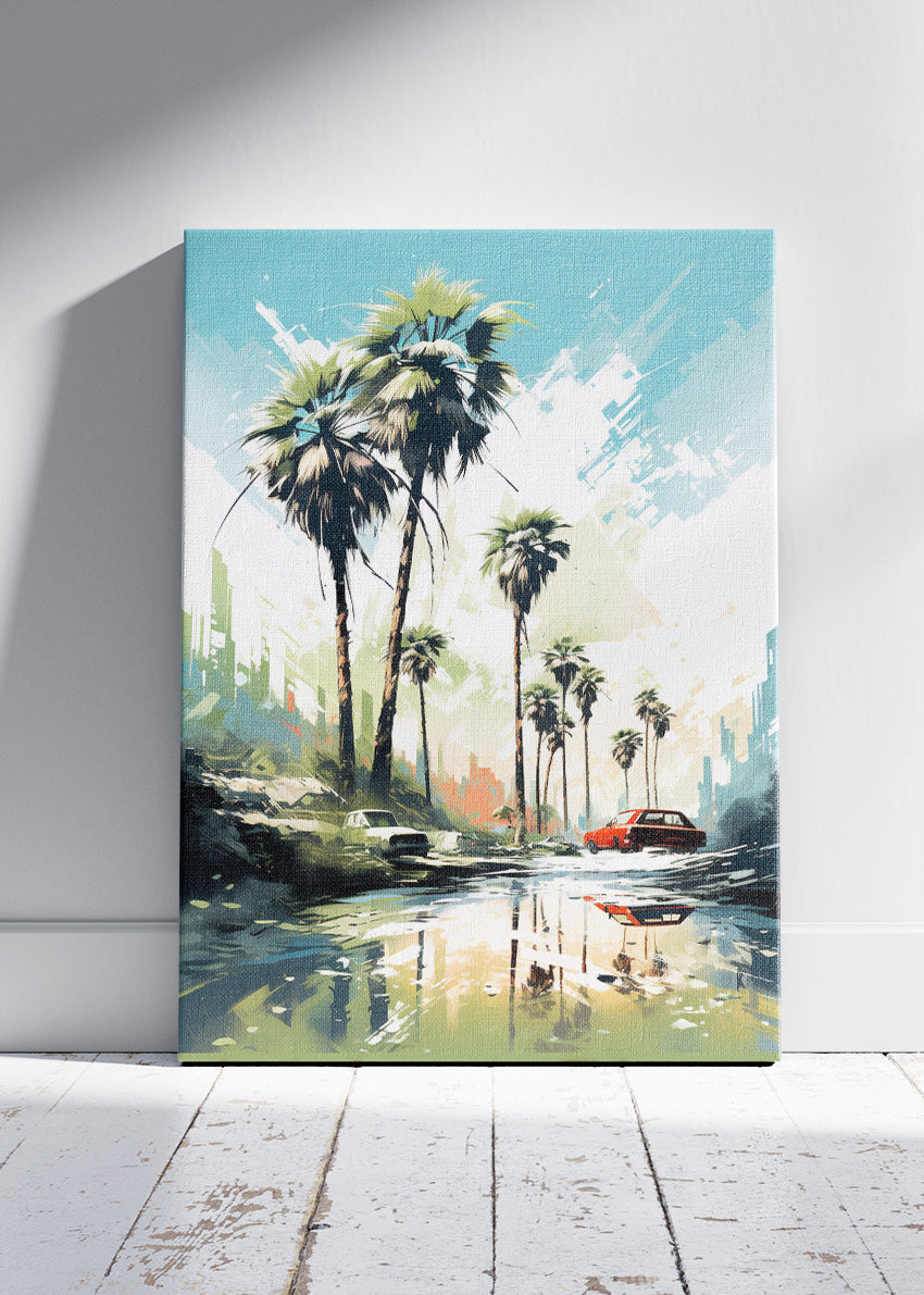 Palm Reflections – Modern Coastal City Canvas & Poster Print – AI PRINT LAB
