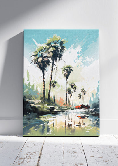 Palm Reflections – Modern Coastal City Canvas & Poster Print – AI PRINT LAB