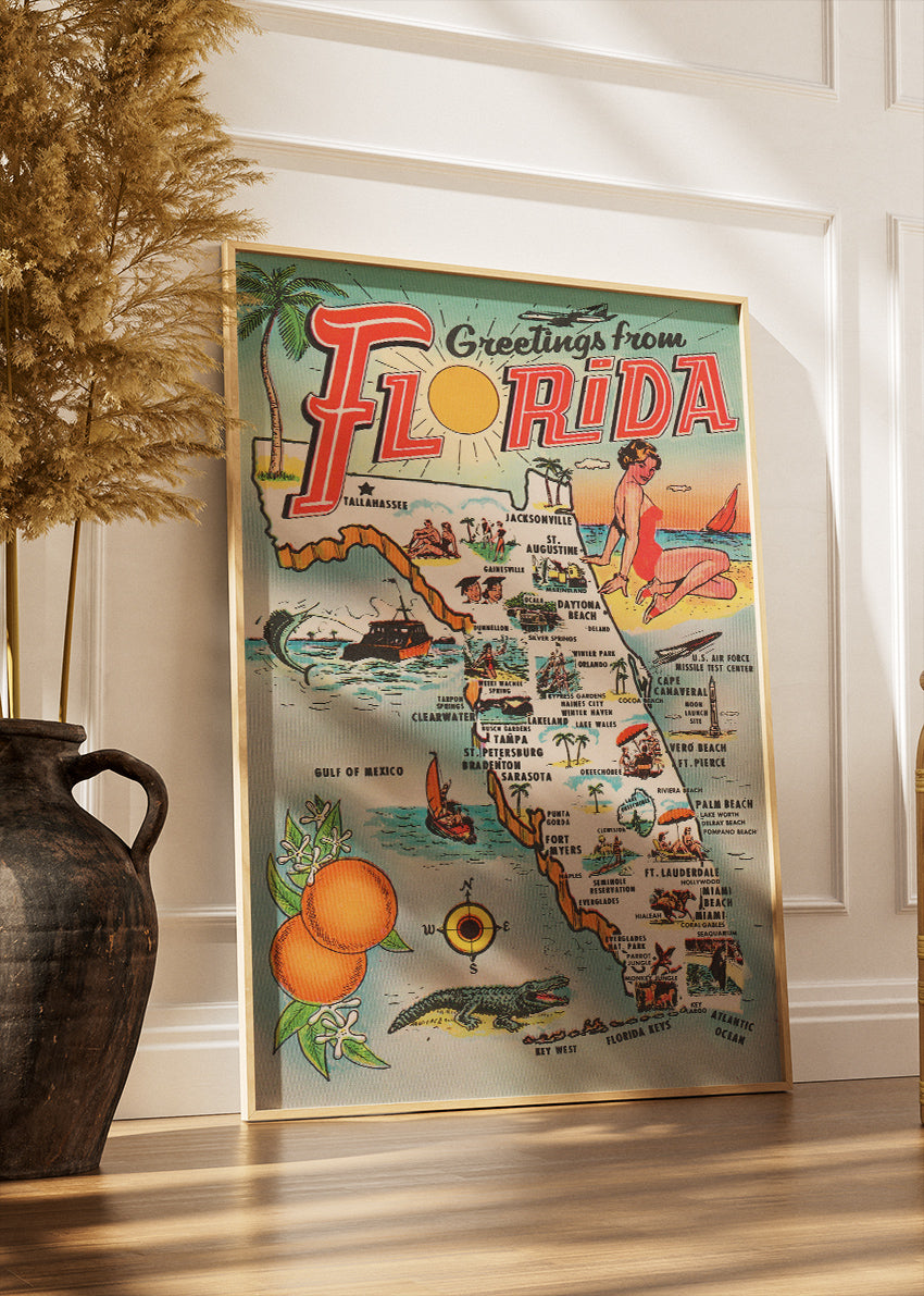 Florida Vintage Map Poster & Canvas Print – Retro Illustrated Sunshine State Wall Art