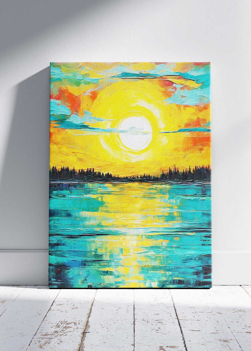 Golden Horizon Reflection – Vibrant Sunset Canvas & Poster Print – AI PRINT LAB