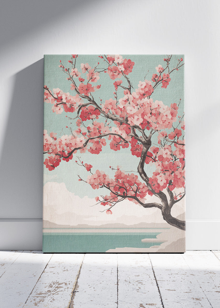 Blush Cherry Blossom Lake Wall Art – Sage Green Japandi Canvas Print | Serene Floral Landscape Poster