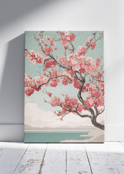 Blush Cherry Blossom Lake Wall Art – Sage Green Japandi Canvas Print | Serene Floral Landscape Poster