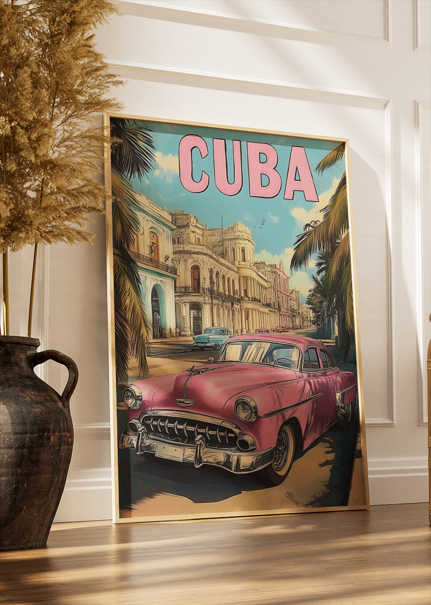 Cuba Havana Pink Classic Car Poster & Canvas Print – Vintage Retro Street Art