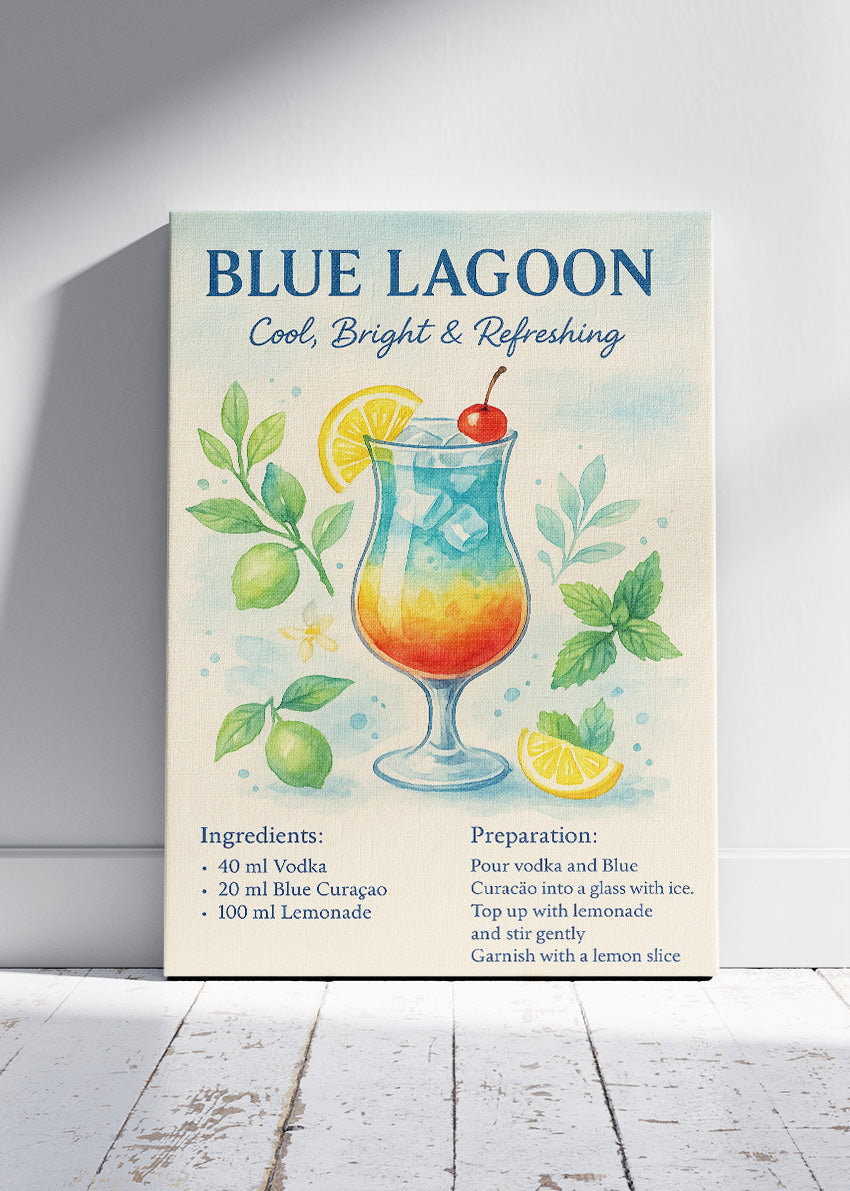 Blue Lagoon Watercolor Cocktail Poster & Canvas Print | Cool & Refreshing Bar Wall Art
