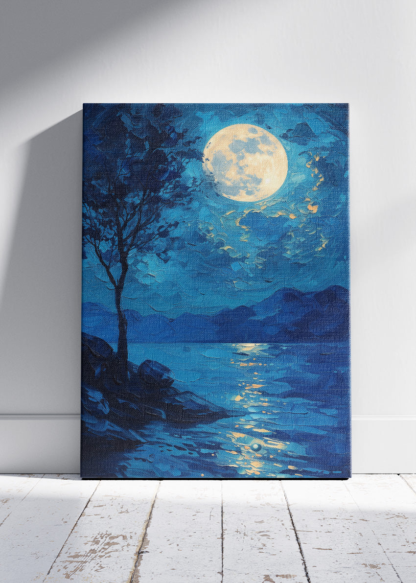 Moonlit Lake Reflection – Blue Night Landscape Wall Art Poster & Canvas – AI PRINT LAB
