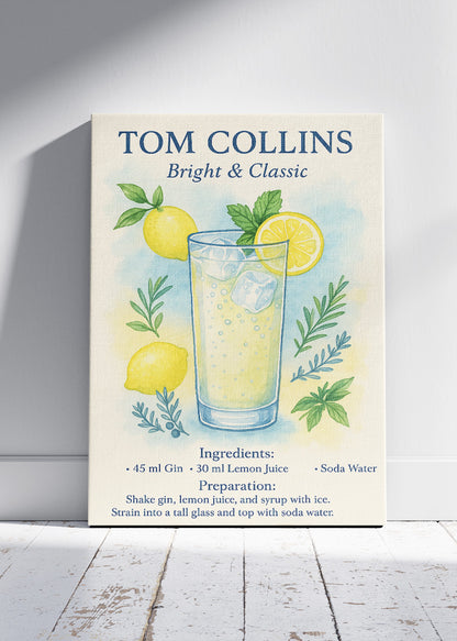 Tom Collins Bright & Classic Cocktail Poster & Canvas Print – Watercolor Gin Drink Wall Art – AI PRINT LAB