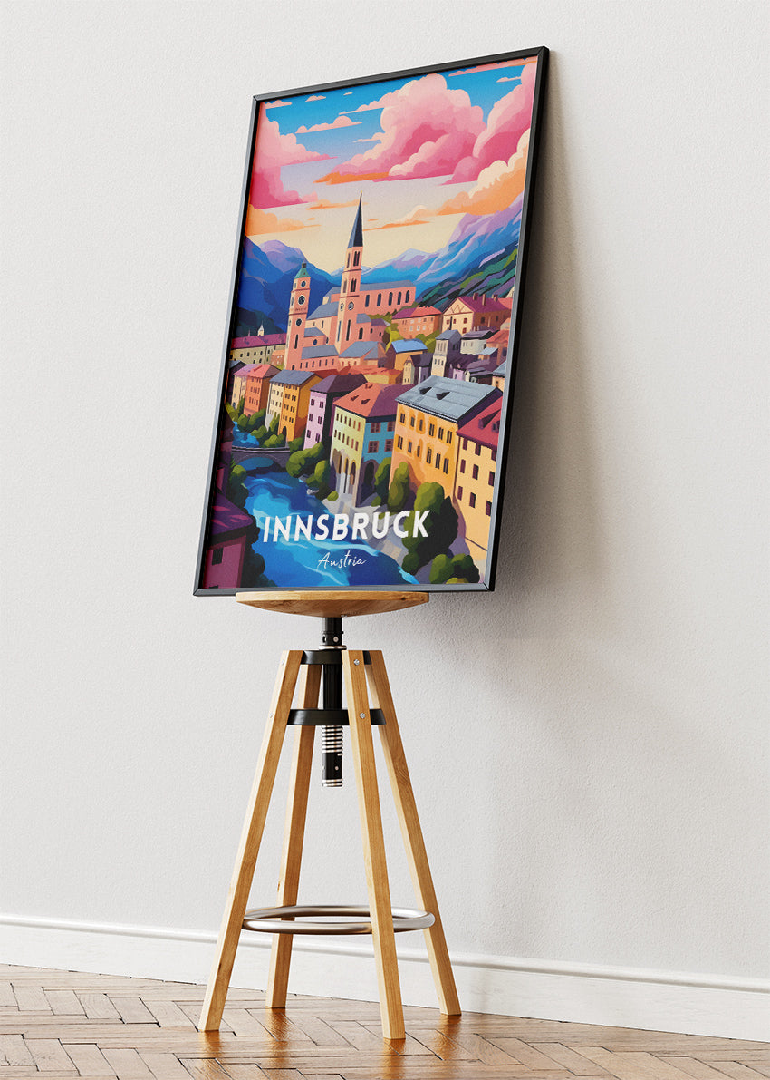 Innsbruck Austria Travel Poster & Canvas Wall Art – Colourful Alpine City Illustration