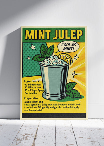 Mint Julep Pop Art Cocktail Recipe Poster & Canvas Print | Retro Comic Bar Wall Art