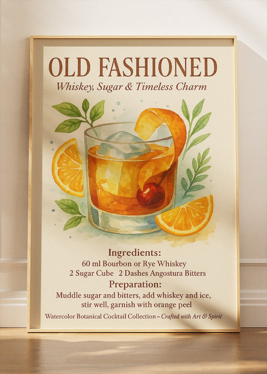 Old Fashioned Watercolor Cocktail Poster & Canvas Print | Botanical Whiskey Wall Art