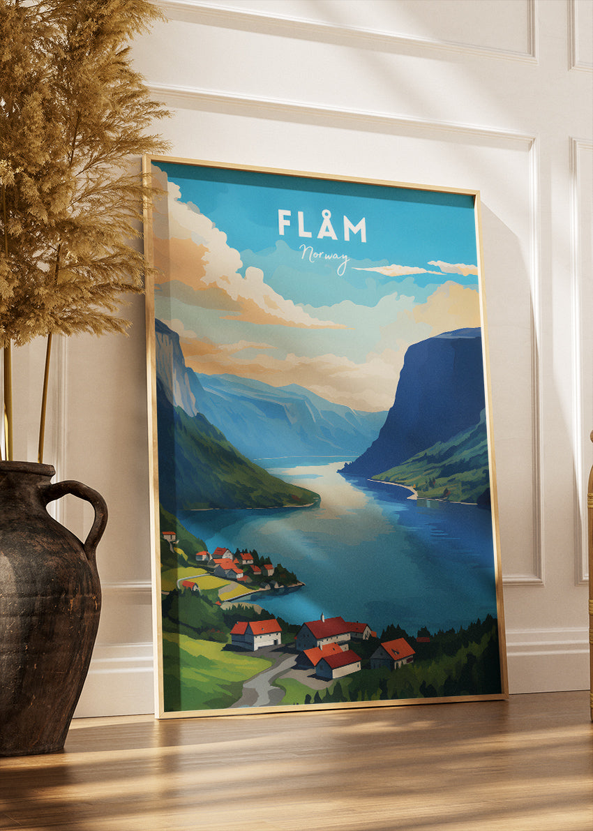 Flåm Norway Poster & Canvas Print – Modern Illustrated Nordic Fjord Landscape Art