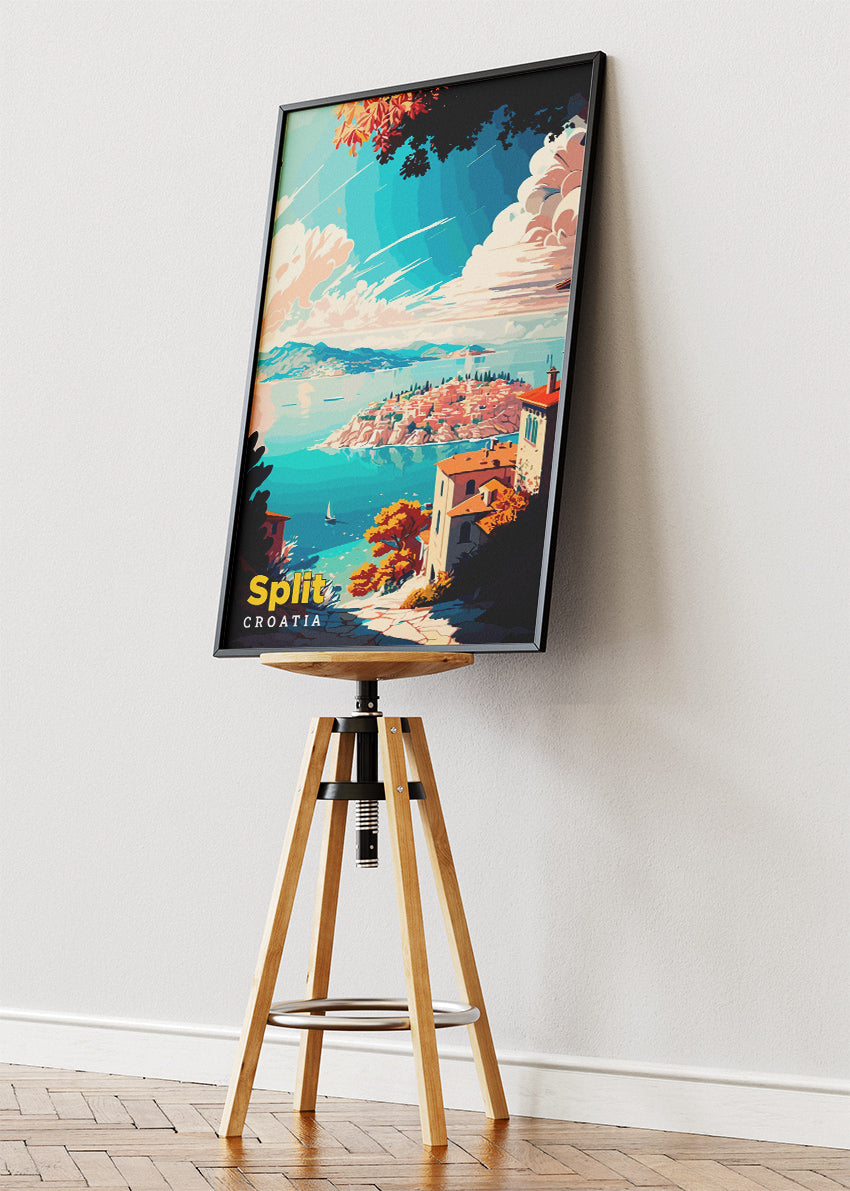 Split Croatia Travel Poster & Canvas Print – Coastal Cliff View Retro Illustration Wall Art