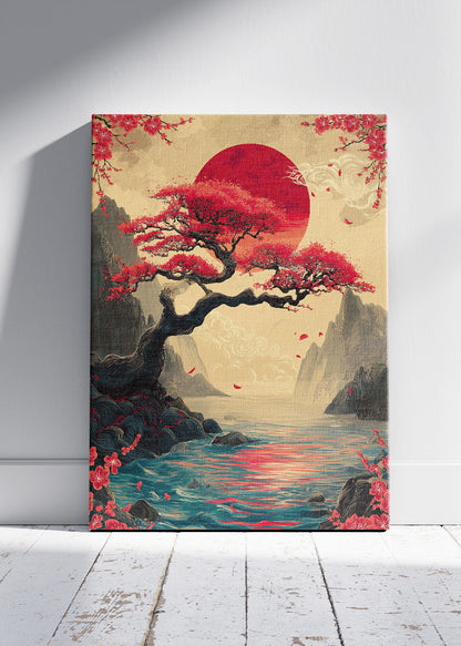 Crimson Sunset Bonsai Wall Art – Japanese Inspired Red Sun Canvas Print | Dramatic Oriental Landscape Poster