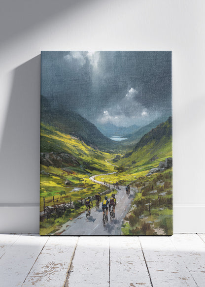 Mountain Valley Cycling Poster & Canvas Art Print – Peloton Riding Through Dramatic Green Highlands