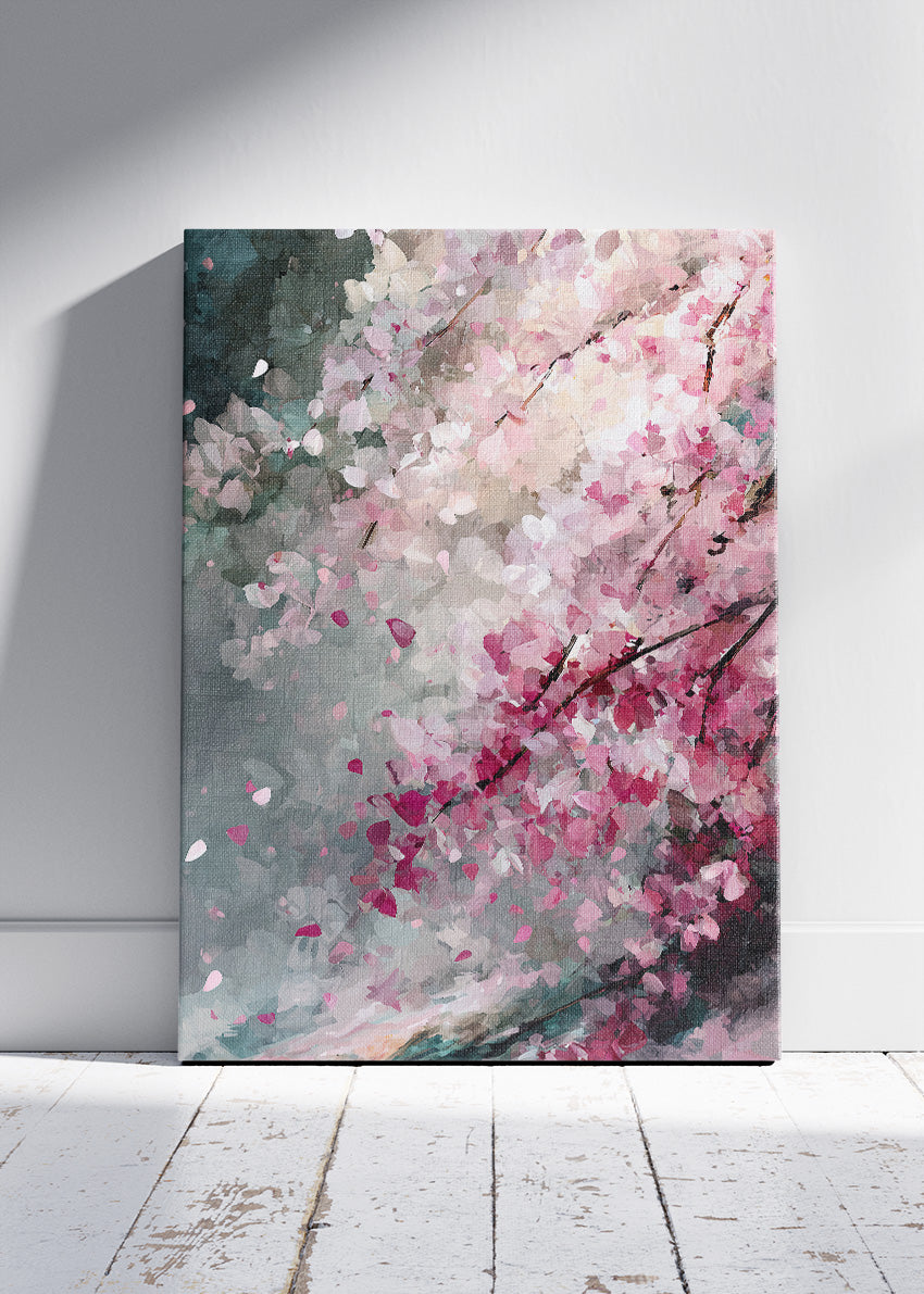 Abstract Cherry Blossom Wall Art – Blush Pink Impressionist Canvas Print | Modern Floral Statement Poster