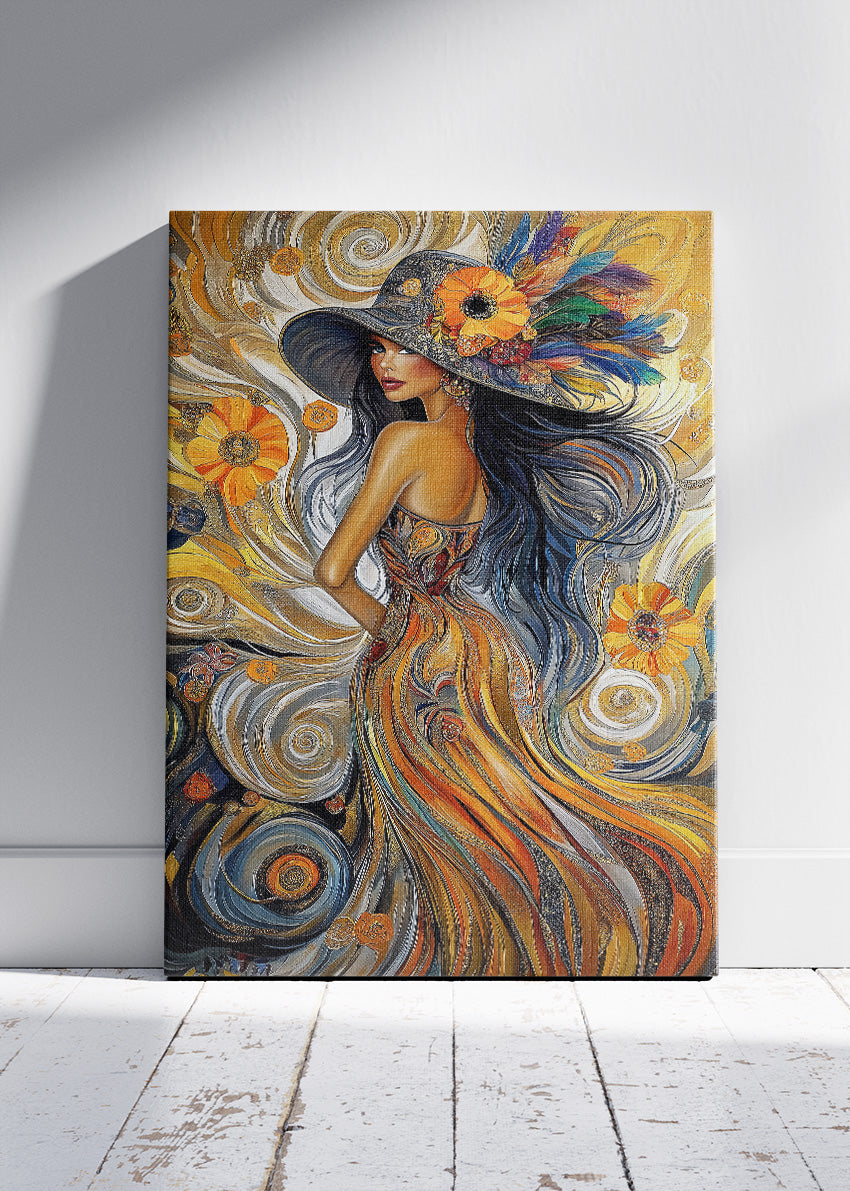 Bohemian Woman Wall Art Print – Golden Abstract Portrait Canvas & Modern Statement Poster for Living Room Decor UK