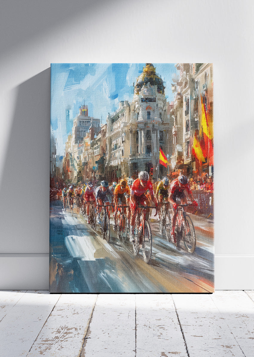 City Street Cycling Poster & Canvas Art Print – Peloton Racing Through Historic European Boulevard